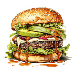 Poster - delicious towering burger on a white background