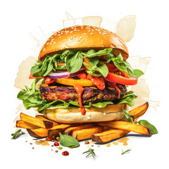 Poster - delicious towering burger on a white background