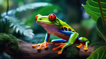 Colorful Of Red Eye Tree Frog On The Branches Leaves Of Tree, Close Up Scene, Animal Wildlife Concept, Habitat Of Frog Background.