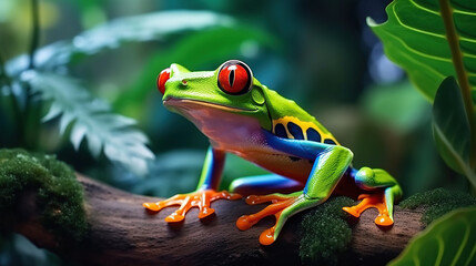 colorful of red eye tree frog on the branches leaves of tree, close up scene, animal wildlife concep