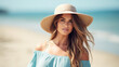 © Santy Hong - Beach portrait of Young beautiful woman in the pastel blue dress and brown hat on beach background.