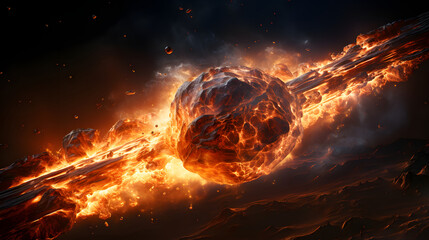 Wall Mural - A brilliant flaming meteor with glowing molten tail streaking across the night sky, isolated on a transparent background for easy onto astronomy photography