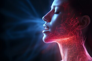 woman holding hands on her neck. throat sore concept. 3d