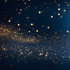 Gold glitter particles dark blue bokeh background