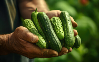 Farmers hand holding a freshly harvested cucumbers