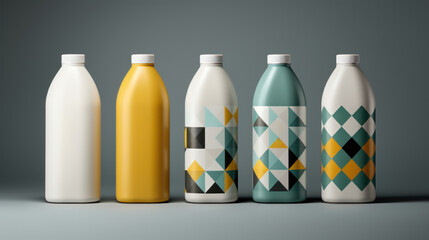 Wall Mural - A set of four different colored bottles with geometric patterns, AI