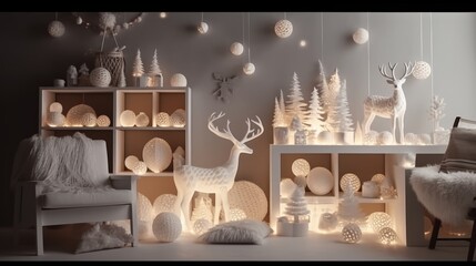 Wall Mural - Amazing composition on white design shelf with christmas decoration, lights, gifts, lanterns ,deer, candles, stars, white corduroy sofa and pouf. Santa claus is coming. Home decor. Template. holiday.