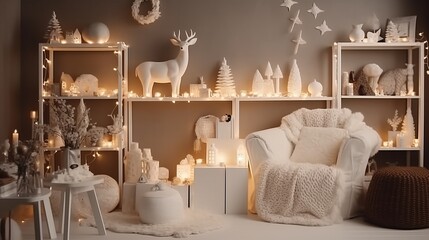 Wall Mural - Amazing composition on white design shelf with christmas decoration, lights, gifts, lanterns ,deer, candles, stars, white corduroy sofa and pouf. Santa claus is coming. Home decor. Template. holiday.