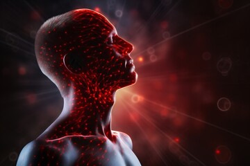 Poster - Neuroscience, philosophy: connections, development of thinking and reflection, limitless possibilities of the brain and mind. Human anatomy. Digital reality, artificial consciousness. 3D rendering