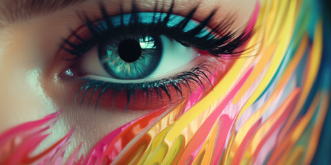 An eye with chromatic aberration close-up, in the style of a make-up tutorial