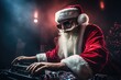 Concentrated Santa Claus mixing music on DJ decks with red stage lights