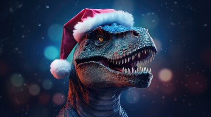 Canvas Print - A dinosaur wearing a santa hat. Generative AI.