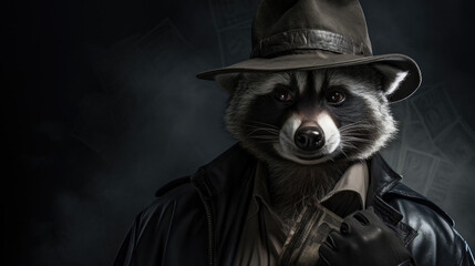 Wall Mural - A raccoon wearing a hat and leather jacket.  Dark nuare. Generative AI.