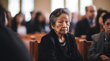 Canvas Print - An elderly woman sitting in a church with other people. Generative AI.