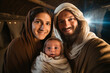 selfie style portrait of Mary and Joseph with baby Jesus. Religious Christmas nativity scene