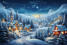 A Dreamy Snowy Landscape Village With Festive Decorations Like A Snow-covered Christmas Tree, Twinkling Lights, And A Snowman, Capturing The Magic And Wonder Of A White Christmas.