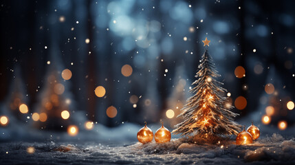 Wall Mural - Christmas tree with baubles in snowy forest. 3D rendering