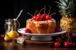 A deliciously baked pineapple cake adorned with fresh pineapple slices, maraschino cherries, and a dusting of powdered sugar, served on a rustic wooden table