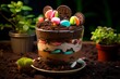 A deliciously deceptive dirt cake, creatively crafted with layers of chocolate pudding, crushed cookies, and gummy worms, playfully presented in a mini garden pail for a fun dessert experience