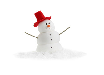 Wall Mural - Funny snowman with red hat isolated on white