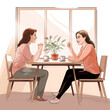 © Verzh - A freehand drawing depicting two women sitting chatting over a cup of tea in a cozy and comfortable environment