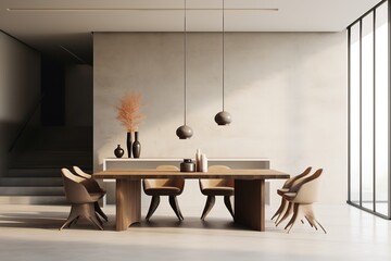 Wall Mural - A bright and airy dining room with a wooden table and chairs, large window, and plants. The wooden table is the focal point of the room, with its warm and inviting wood grain.