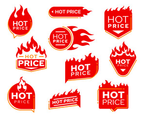 Hot price deal labels with fire flames, promotion offer. Shop sale coupon sticker, store promotion best offer tag or product special or hot price vector sign. Discount advertising labels with flames