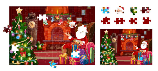 Poster - Jigsaw puzzle game pieces, Christmas Santa in chair near holiday fireplace and decorated pine tree in vector. Kids jigsaw puzzle to match and fit picture with Christmas tree and fireplace with socks
