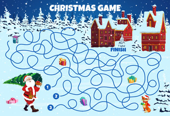 Poster - Christmas labyrinth maze for children fun and recreation. Kids vector worksheet, cartoon Santa with holiday pine tree searching right way to snowy town. Board game, educational children riddle or test
