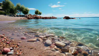 Poster - Tranquil summer sunset, blue waters, sandy coastline, rocky landscape generated by AI