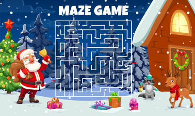 Poster - Christmas labyrinth maze. Kids vector worksheet, board game help Santa Claus find correct way to house. Boardgame with cartoon Noel, pine tree, deer and tangled path. Educational children riddle