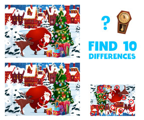 Aufkleber - Christmas game worksheet. Find ten differences on christmas landscape. Vector kids riddle with cartoon Noel character deliver gifts to city holiday tree. Educational children quiz, leisure activity