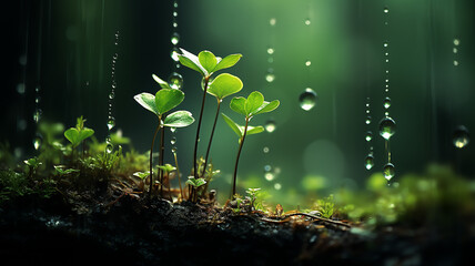 Wall Mural - green forest, dew drops and wet rain on young leaves and shoots in the depths of the green forest of