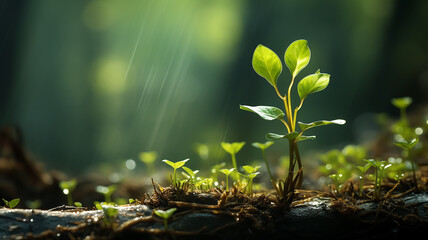 Wall Mural - green forest, dew drops and wet rain on young leaves and shoots in the depths of the green forest of the wild