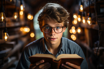 portrait of a curly teenager in glasses with a book at a table in a library on a blurred background of candles and lighting