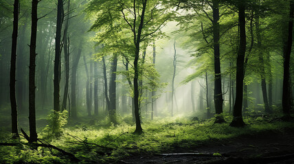 Wall Mural - misty landscape in a fresh green spring forest, trunks of green trees in the mist of the forest morn