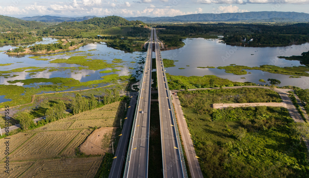 Aerial view of the long bridge build for crossing Nong Luang the ...