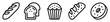 Conjunto de iconos de pan. Panadería. Baguette, pan de molde, panecillo, integral, bagel. Ilustración vectorial