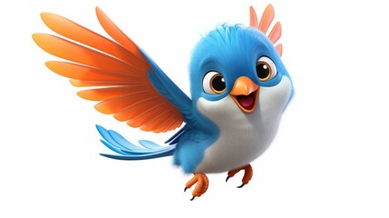 Wall Mural - playful cartoon bird mid-flight separated out on a white background  AI generated illustration