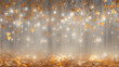 festive autumn background blank, the wall is decorated with yellow leaves and lights of glowing garlands, an empty background copy space