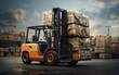 © KBL Sungkid - Realistic photo of forklifts transporting goods in factory warehouse. generative ai