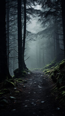 Wall Mural - foggy landscape in a coniferous forest, gloomy autumn view twilight cold evening in a mountain forest, vertical panorama of tall trees