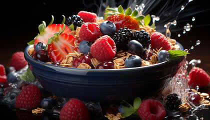 Wall Mural - Fresh berry dessert on wooden table, healthy and indulgent generated by AI