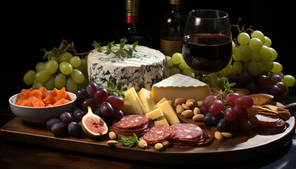 Wall Mural - Gourmet meal wine, cheese, bread, fruit, on rustic wooden table generated by AI