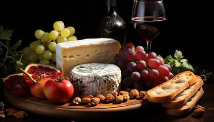 Wall Mural - Gourmet meal wine, cheese, bread, fruit a delight generated by AI