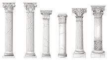 Ancient Marble Columns Set Collection Of Isolated Architectural Elements On A White Background