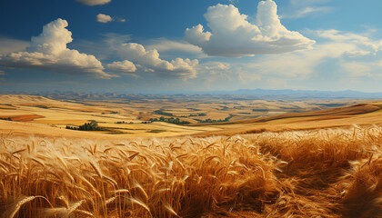 Sticker - Tranquil meadow, rolling wheat, sunset paints nature beauty generated by AI