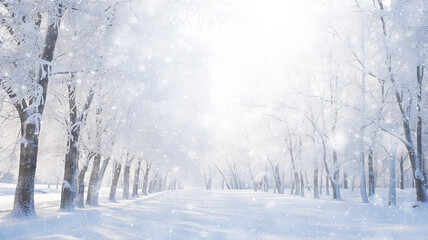 Wall Mural - winter alley of trees, snowfall in the morning misty park, winter landscape, seasonal abstract blurred background copy space