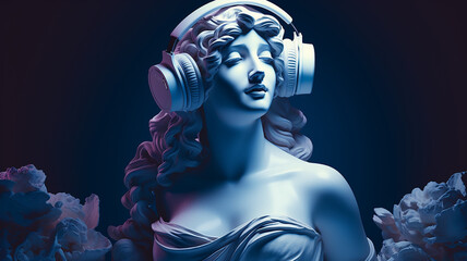 classical music concept, the head of an abstract fictional ancient female statue in modern music headphones, listening to music.