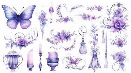 set collection of purple delicate accessories of a fairy princess watercolor drawing isolated on a white background  soft lavender color